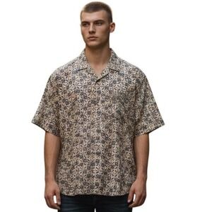 Natural Issue Mens XL Cotton Short Sleeve Button Down Shirt Geometric Batik Prin
